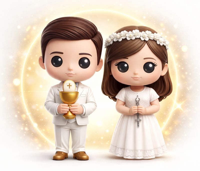 Figuras de comunión de niño y niña con traje blanco y vestido blanco, regalo de comunión original