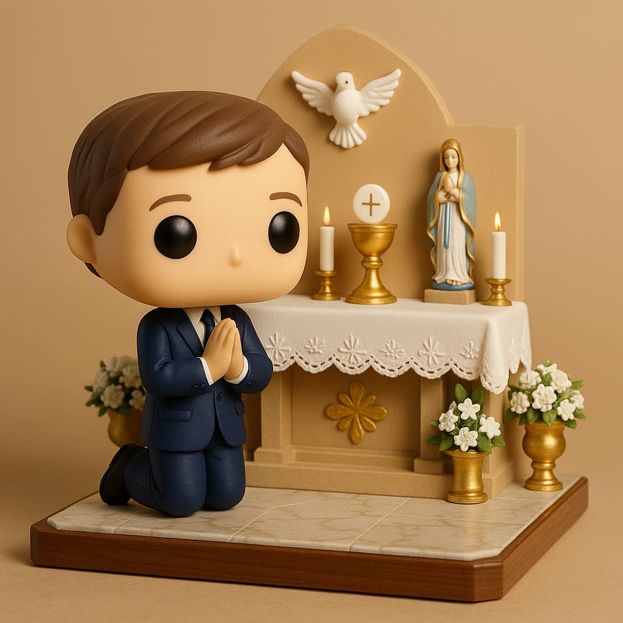 Escenario Altar: altar con mantel bordado, cáliz, imagen de la Virgen, velas, paloma y flores