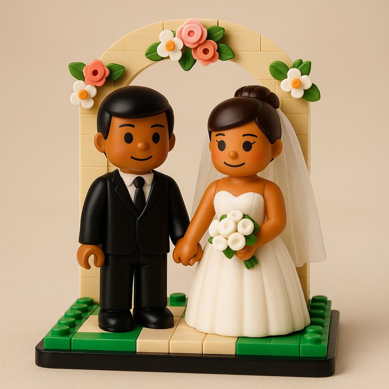 Pareja de novios en estilo de bloques de construcción sobre un escenario hecho con piezas