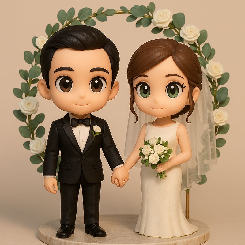 Pareja de novios en estilo Chibi sobre base de mármol con un arco de eucalipto y rosas blancas