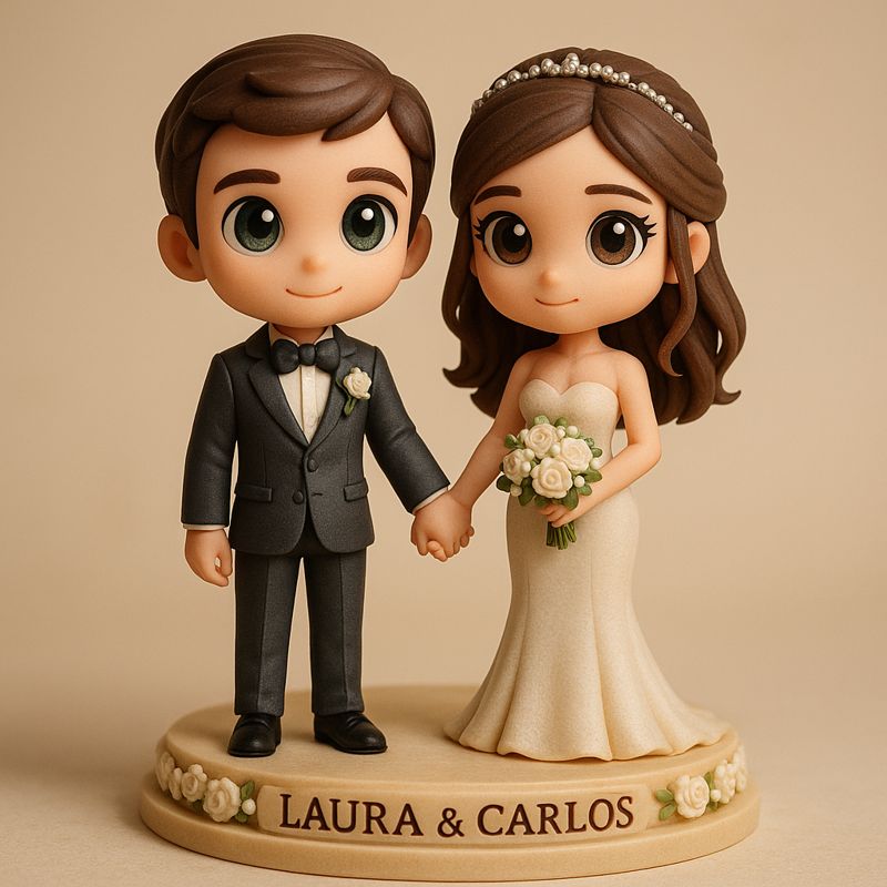 Pareja de novios en estilo Chibi haciendo de figura de tarta, sobre un piso de tarta con los nombres